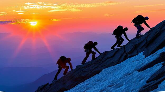 Mountain climbers reaching the summit